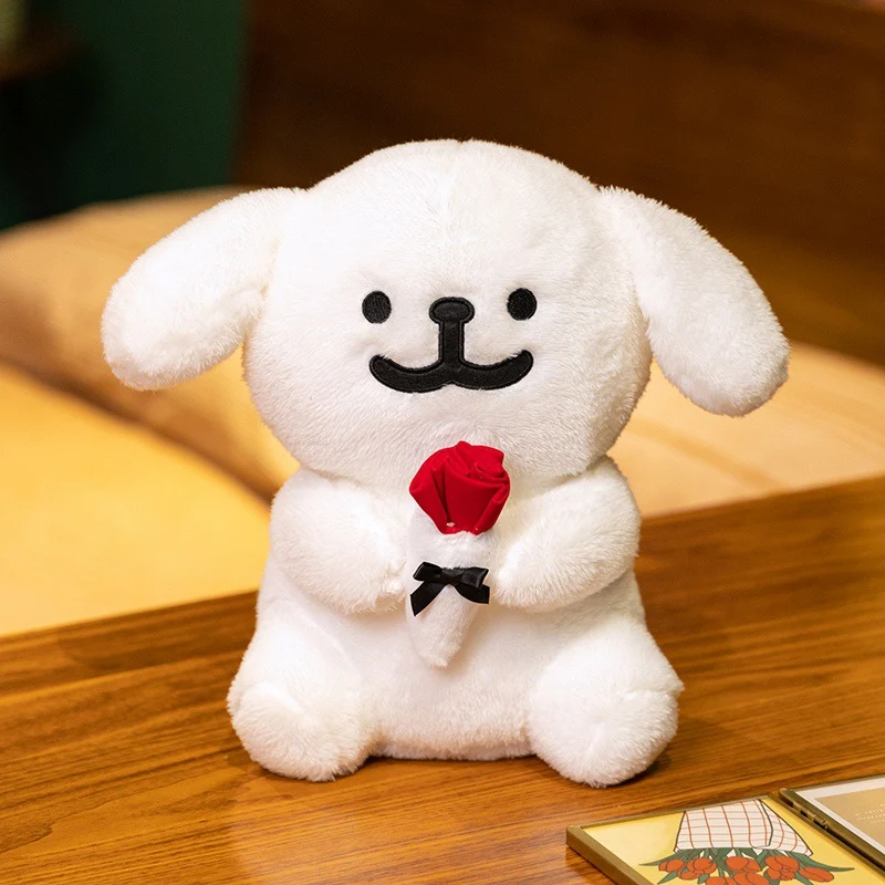 Plush Dog Holding Fabric Rose Decorative Soft Toy with Embroidered Face and Bow Stornfield