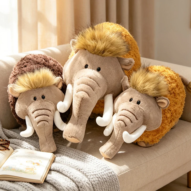 Round Woolly Mammoth Plush Cushion Toy with Curly Faux-Fur & Soft Trunk Stornfield