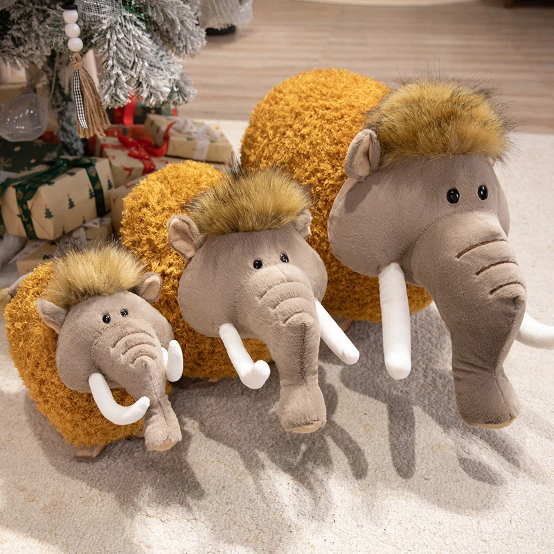 Round Woolly Mammoth Plush Cushion Toy with Curly Faux-Fur & Soft Trunk Stornfield