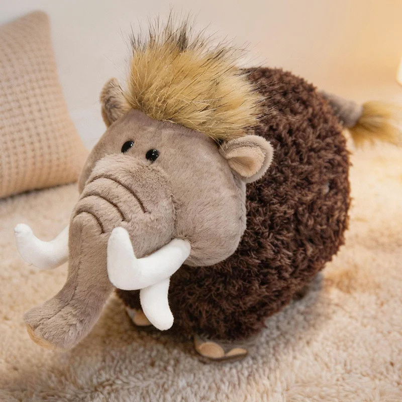 Round Woolly Mammoth Plush Cushion Toy with Curly Faux-Fur & Soft Trunk Stornfield