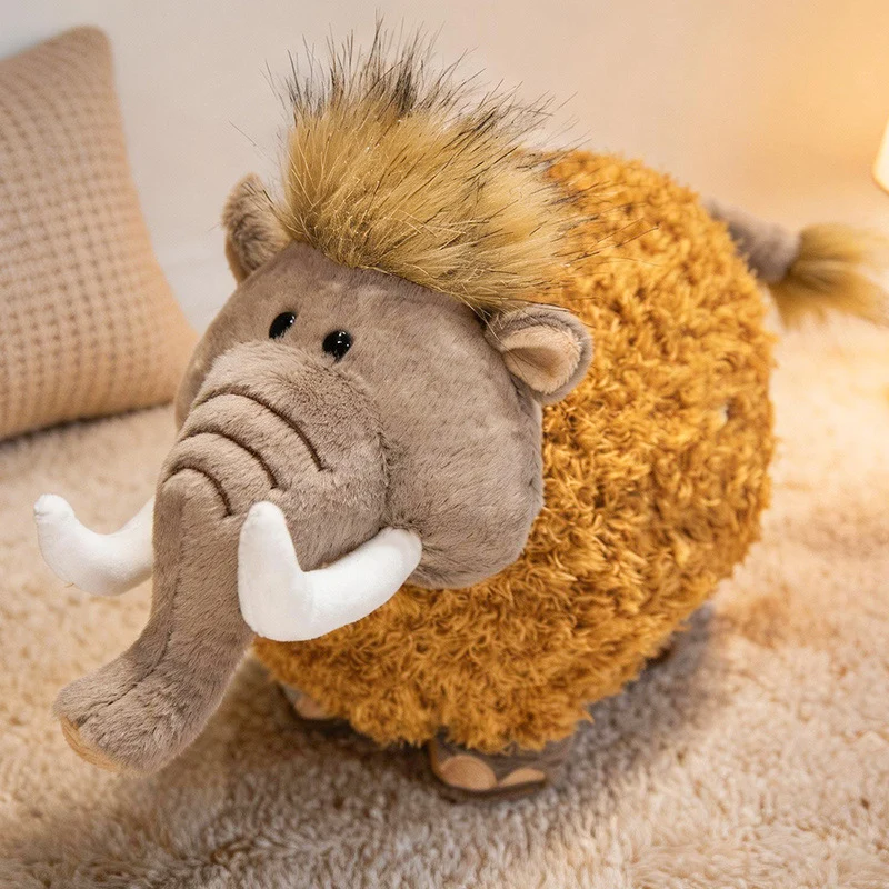 Round Woolly Mammoth Plush Cushion Toy with Curly Faux-Fur & Soft Trunk Stornfield