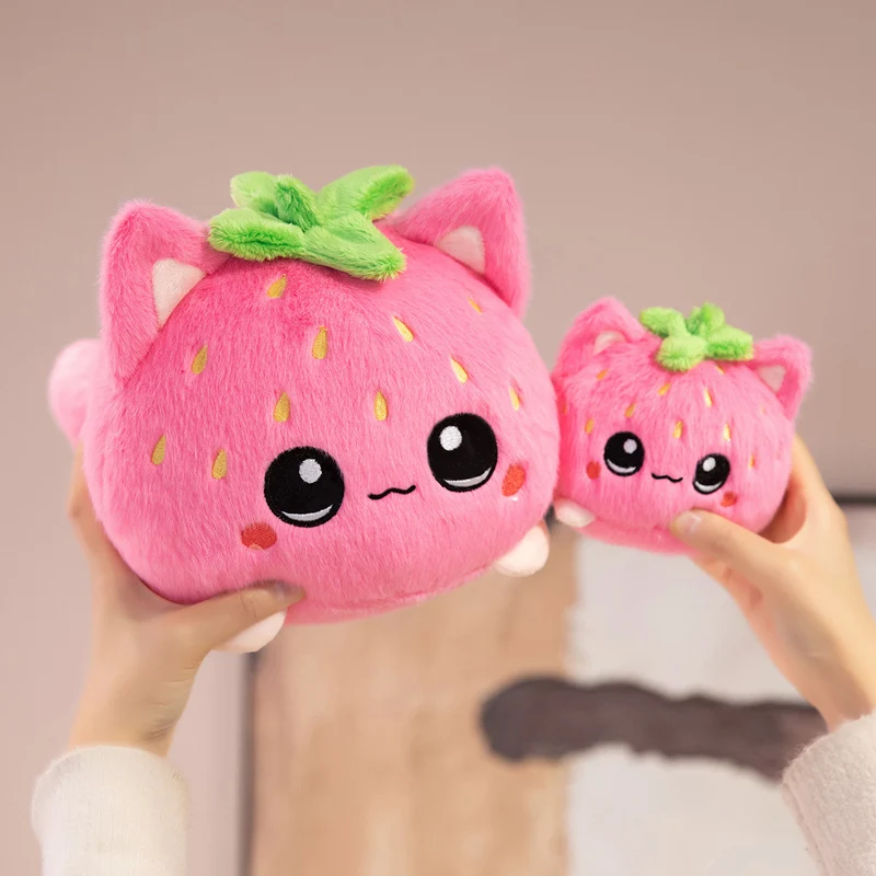 Round Strawberry Cat Plush Cushion with Embroidered Face Leaf Top & Soft Bean-Fill Stornfield