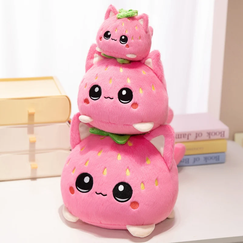 Round Strawberry Cat Plush Cushion with Embroidered Face Leaf Top & Soft Bean-Fill Stornfield
