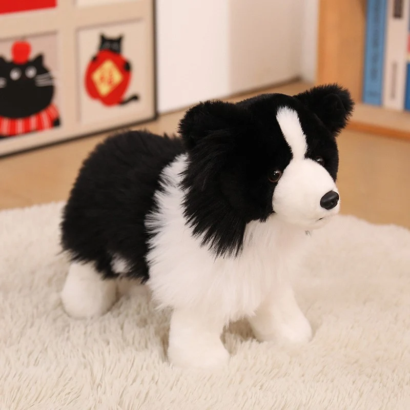 Realistic Seated Border Collie Plush Toy with Long Soft Fur Stornfield