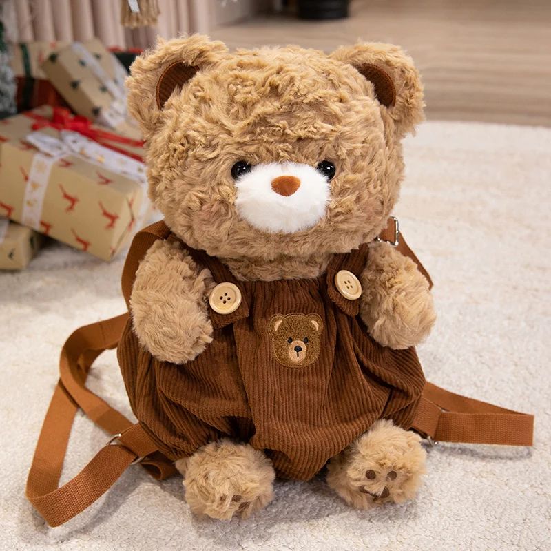 Plush Teddy Bear Backpack Bag with Corduroy Overalls & Adjustable Straps Stornfield