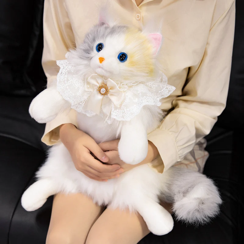 Plush Sitting Cat Decorative Doll with Lace Ruffle Collar & Jeweled Bow Stornfield