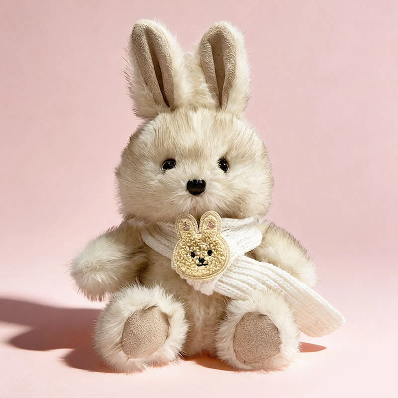 Plush Sitting Bunny Comforter Toy with Ultra-Soft Faux Fur, Embroidered Face and Knit Scarf Stornfield