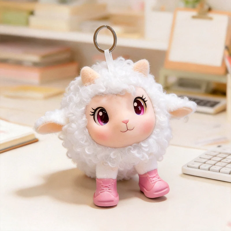 Plush Ram Keychain Charm with Curly Faux-Fur, Sculpted Face, Bell Necklace and Metal Ring Stornfield