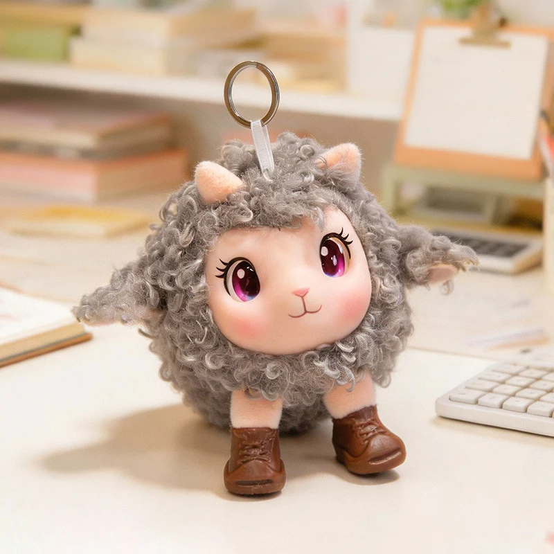 Plush Ram Keychain Charm with Curly Faux-Fur, Sculpted Face, Bell Necklace and Metal Ring Stornfield