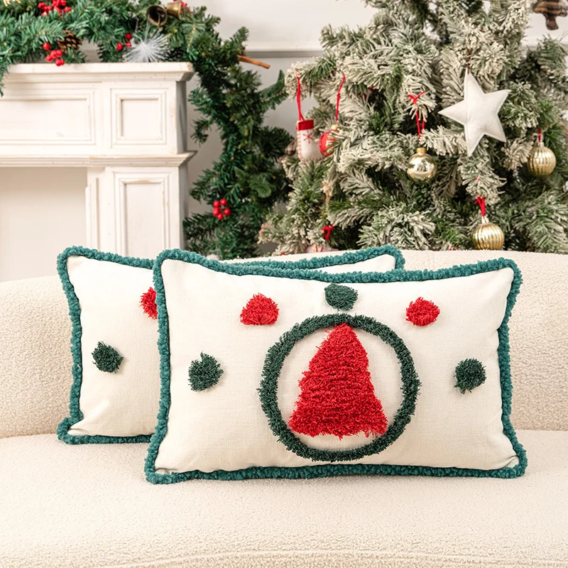 Urlaubs-Tufted-Chenille-Quadrat-Wurfkissen mit erhöhtem Baum-Motiv und verstecktem Reißverschluss