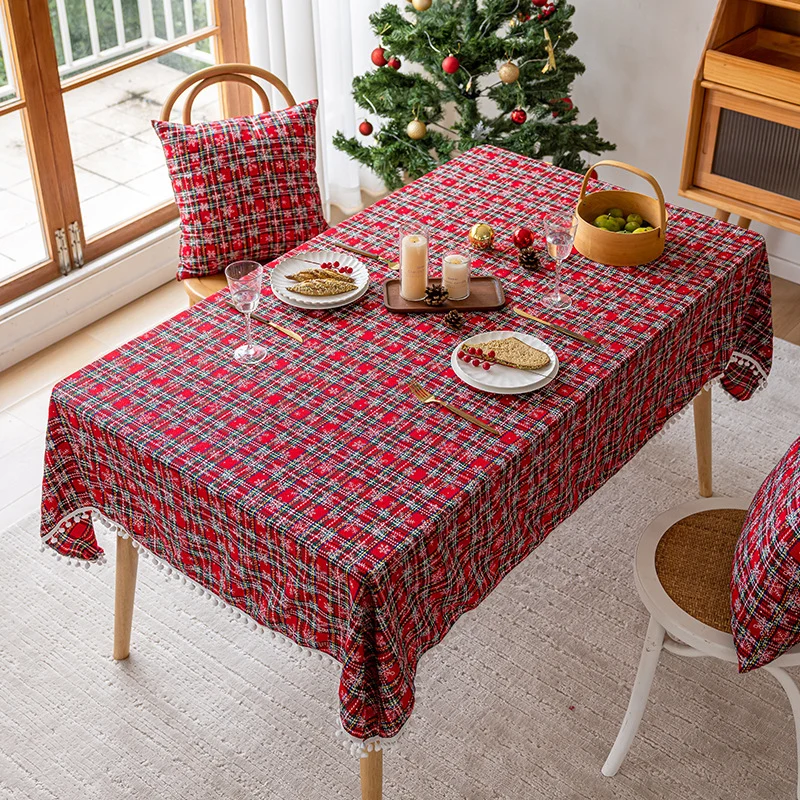 Festliches Karomuster Pom-Pom Trim Rechteckige Tischdecke