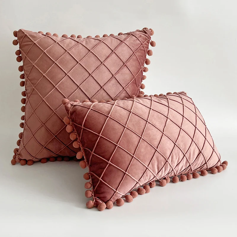 Dekorativer Samt Pom-Pom Gitter-Tufted Wurfkissenbezug