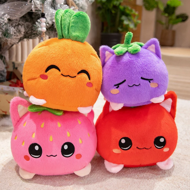 Kawaii Round Cat-Fruit Plush Pillow with Leaf Top and Squishy Bean-Fill Cuddle Companion Stornfield