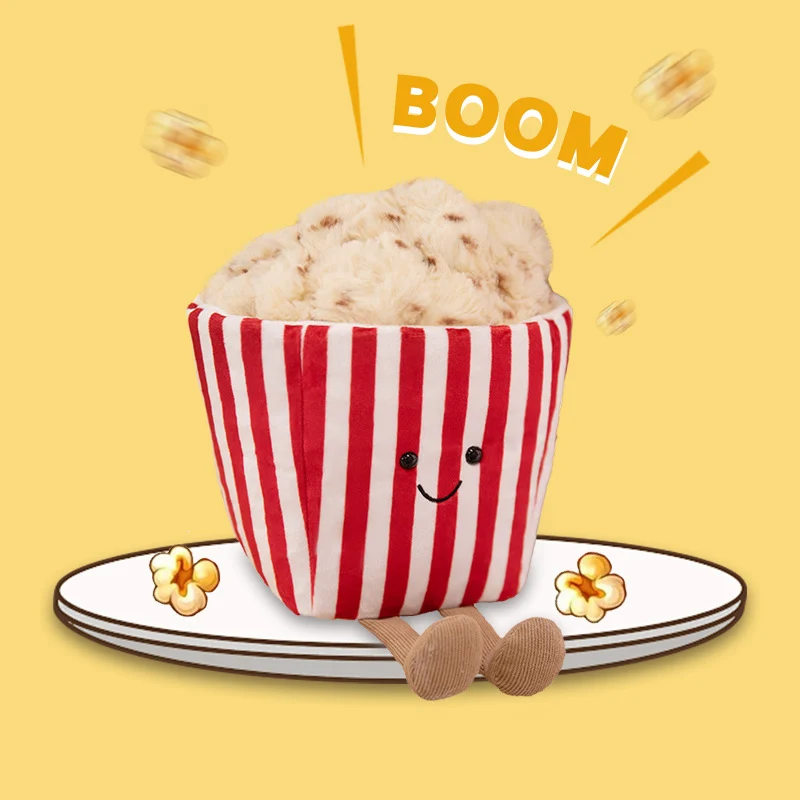 Kawaii Popcorn Box Plush Toy with Fuzzy Popcorn Top and Dangling Knit Legs Stornfield