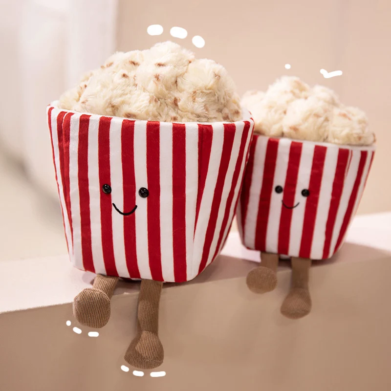 Kawaii Popcorn Box Plush Toy with Fuzzy Popcorn Top and Dangling Knit Legs Stornfield