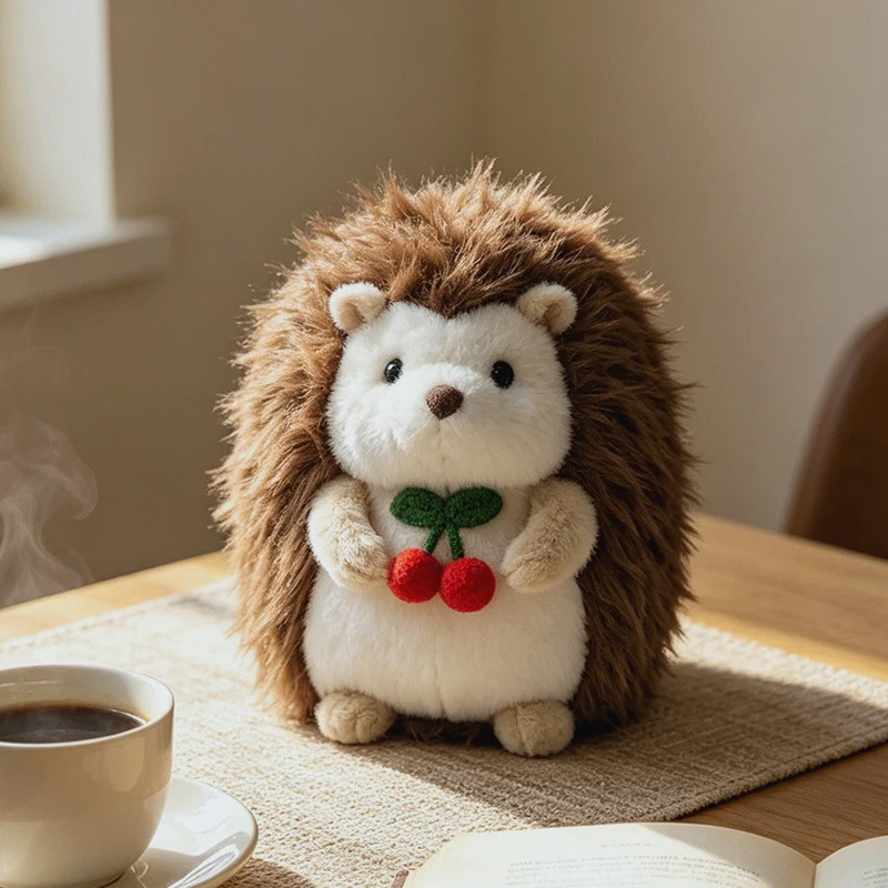 Kawaii Hedgehog Plush Collectible with Embroidered Cherry Accent and Soft Faux‑Fur Back Stornfield