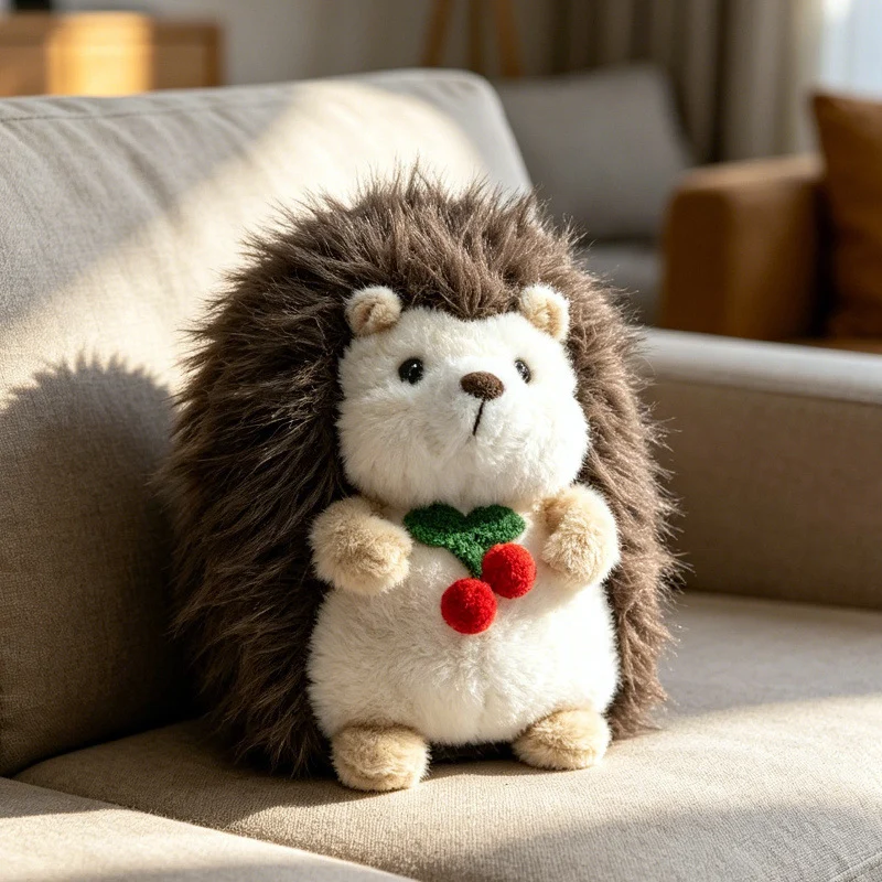 Kawaii Hedgehog Plush Collectible with Embroidered Cherry Accent and Soft Faux‑Fur Back Stornfield