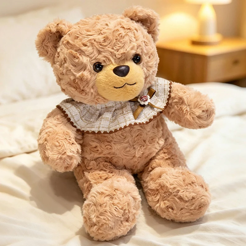 Curly-Fur Teddy Bear with Ruffled Plaid Collar and Embroidered Nose Stornfield