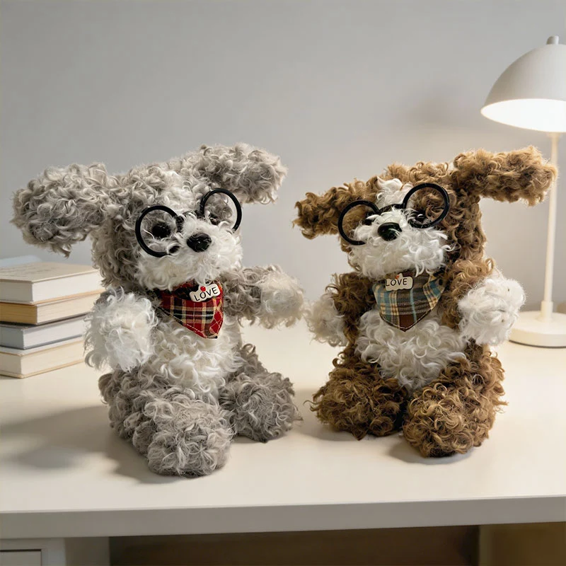 Curly-Fur Sitting Puppy Plush with Round Glasses & Plaid 'LOVE' Bandana Stornfield