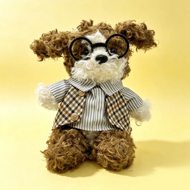 Curly-Fur Sitting Puppy Plush with Round Glasses & Plaid 'LOVE' Bandana Stornfield