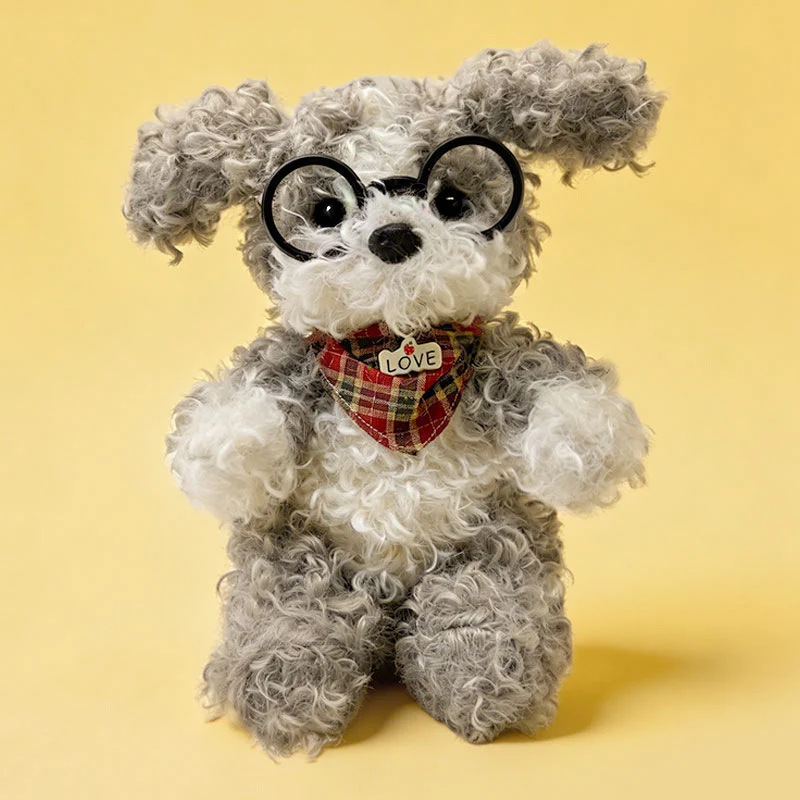 Curly-Fur Sitting Puppy Plush with Round Glasses & Plaid 'LOVE' Bandana Stornfield