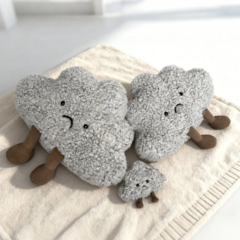 Curly Faux-Fur Sad Cloud Plush Pillow with Corduroy Legs and Embroidered Face Stornfield