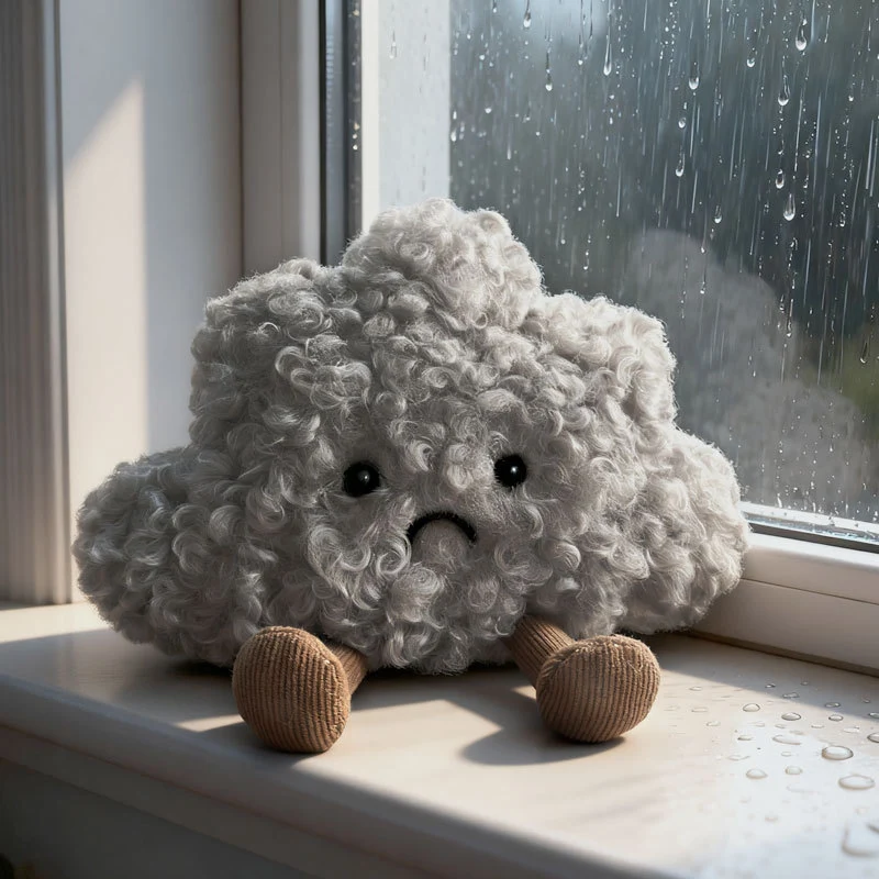 Curly Faux-Fur Sad Cloud Plush Pillow with Corduroy Legs and Embroidered Face Stornfield