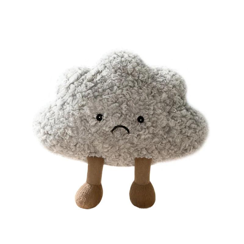 Curly Faux-Fur Sad Cloud Plush Pillow with Corduroy Legs and Embroidered Face Stornfield