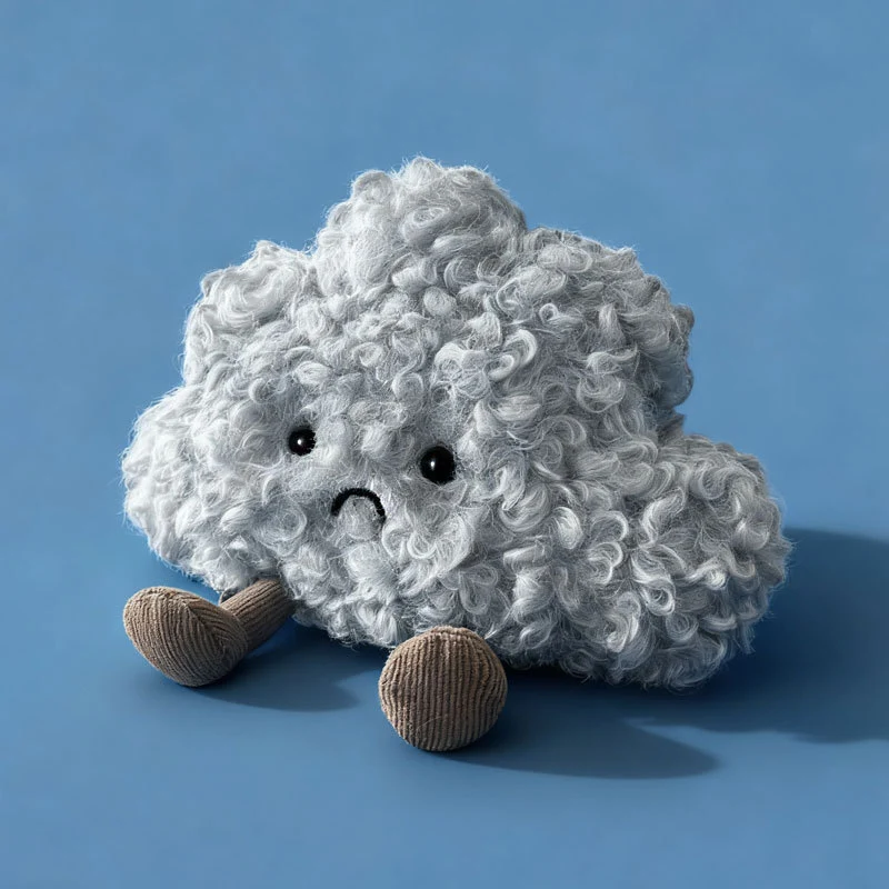 Curly Faux-Fur Sad Cloud Plush Pillow with Corduroy Legs and Embroidered Face Stornfield