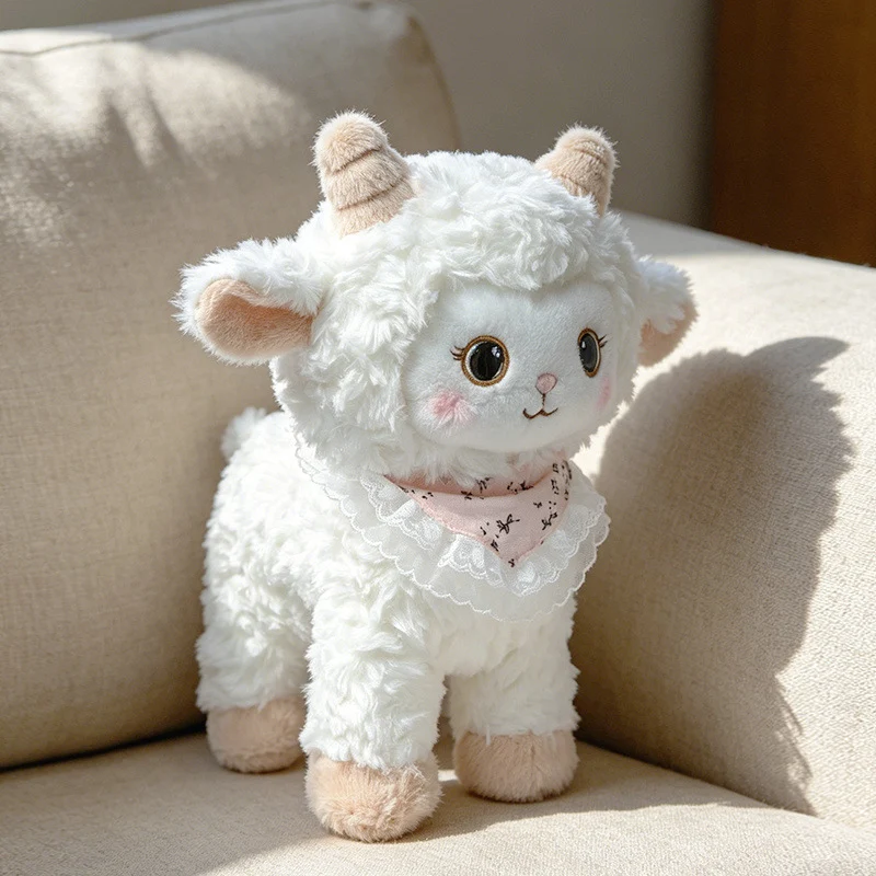 Curled-Horn Ram Plush Collectible with Embroidered Face, Bow Collar & Soft Faux Fur Stornfield