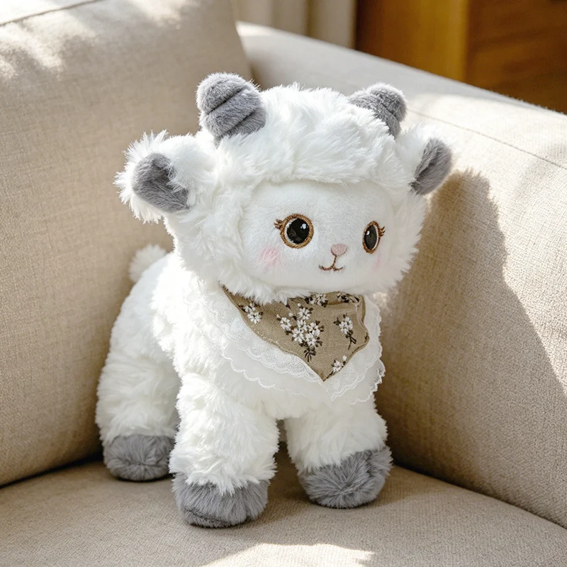 Curled-Horn Ram Plush Collectible with Embroidered Face, Bow Collar & Soft Faux Fur Stornfield