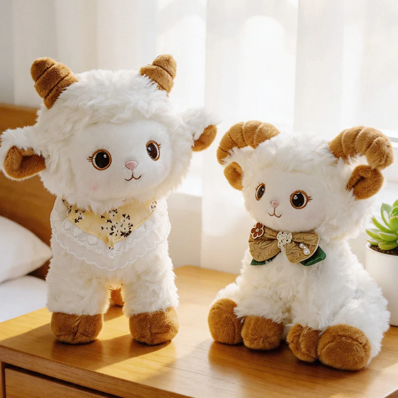 Curled-Horn Ram Plush Collectible with Embroidered Face, Bow Collar & Soft Faux Fur Stornfield