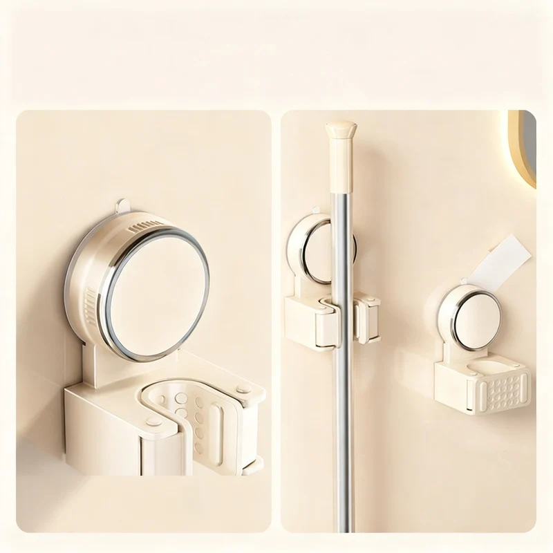 Suction cup holder for mop and broom