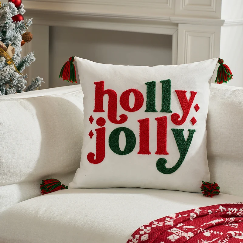 Velvet Embroidered Festive Accent Pillow Cover with Metallic Script