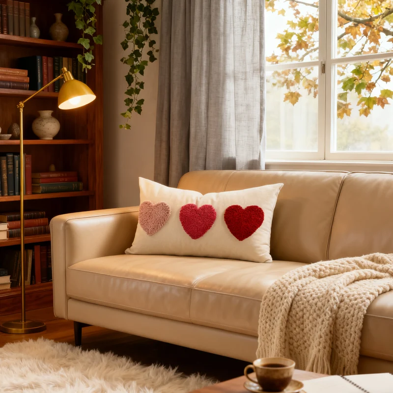 Tufted Hooked Heart and Daisy Accent Throw Pillow Cover with Tassel Corners