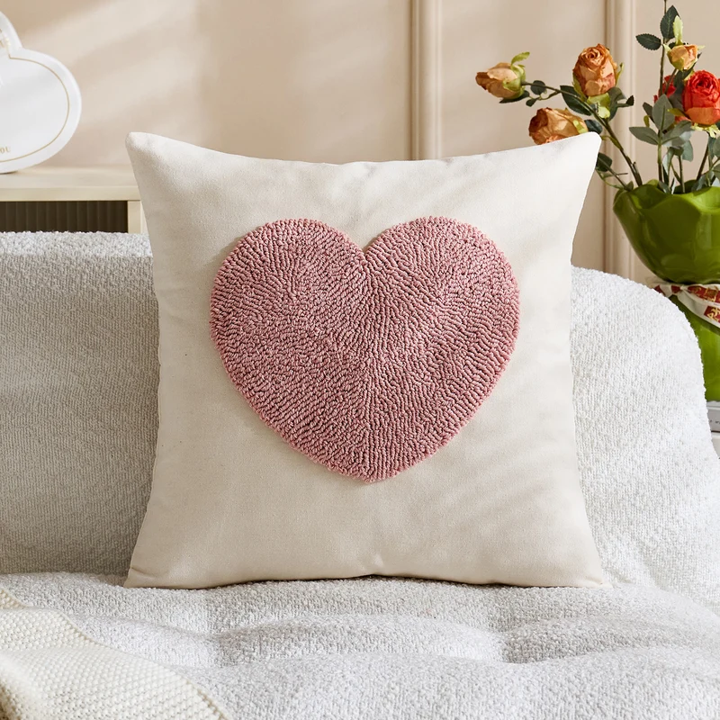 Tufted Hooked Heart and Daisy Accent Throw Pillow Cover with Tassel Corners