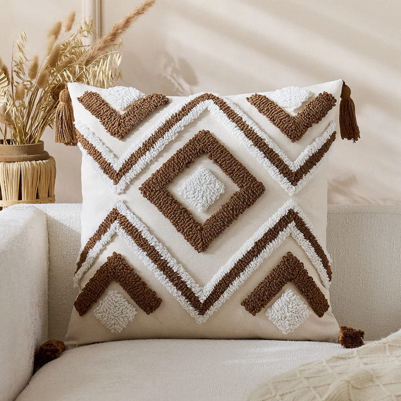 Tufted Geometric Boho Square Throw Pillow Cover with Corner Tassels and Hidden Zipper