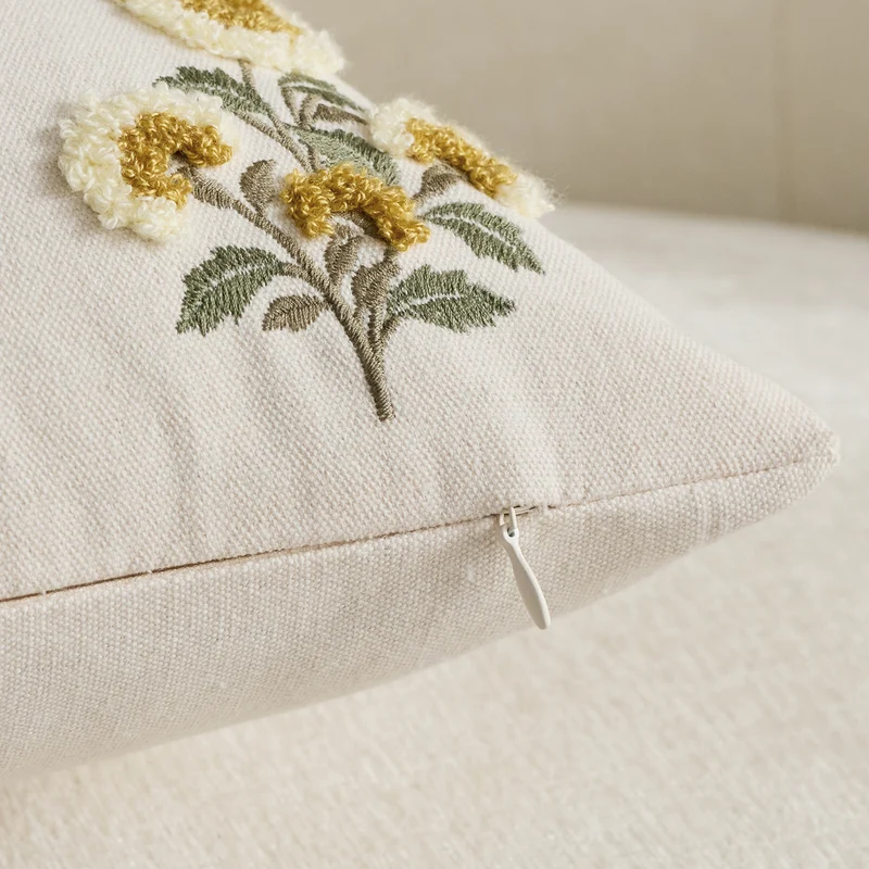 Tufted Floral Embroidered Decorative Throw Pillow Cover