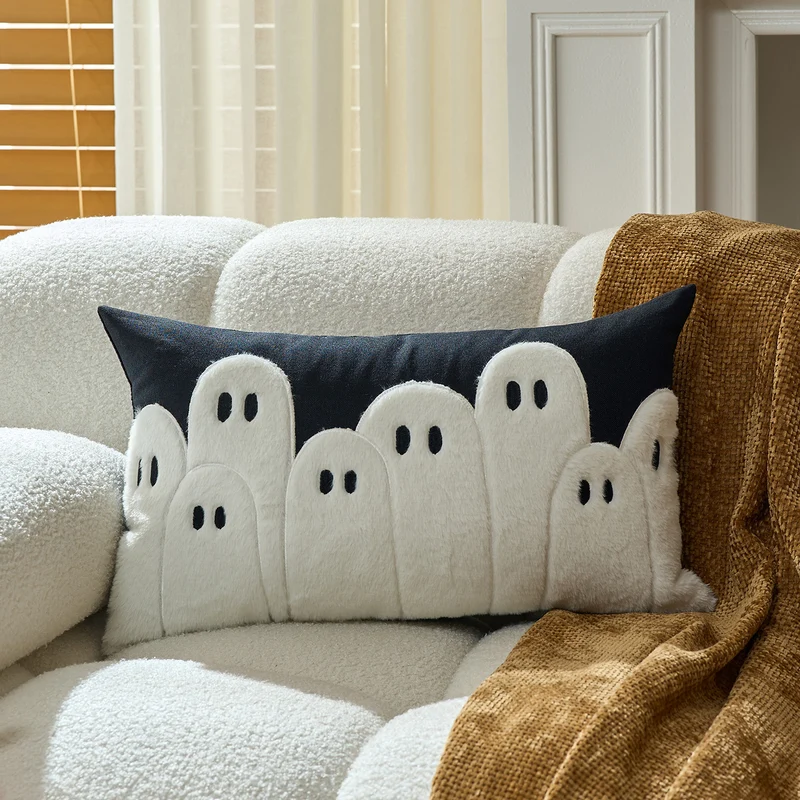 Tufted Chenille Ghost Appliqué Square Cushion Cover with Hidden Zipper