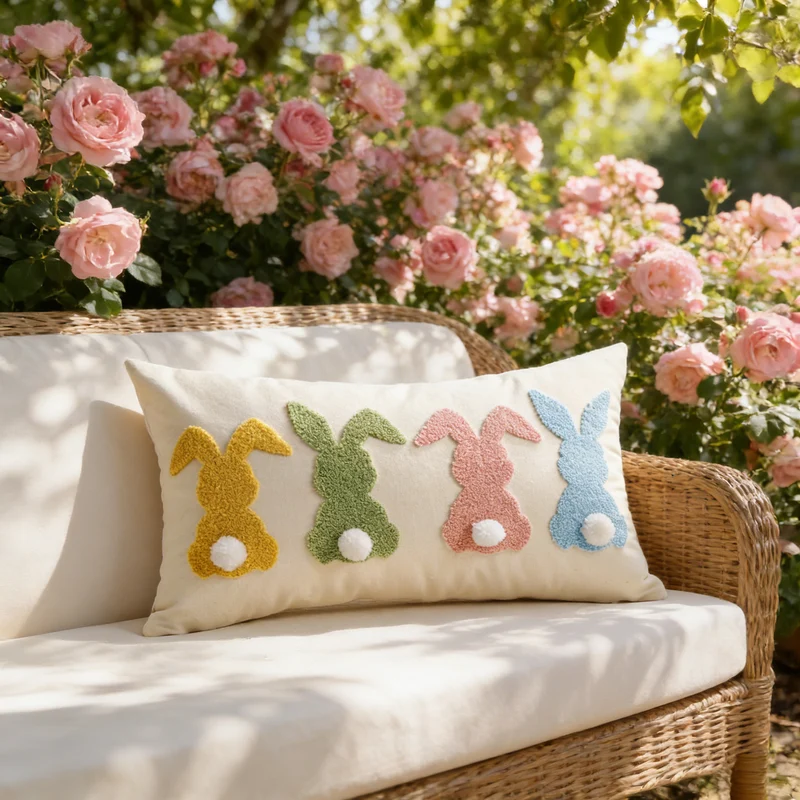 Tufted Bunny Appliqué Lumbar Throw Pillow Cover with Pom-Pom Tail