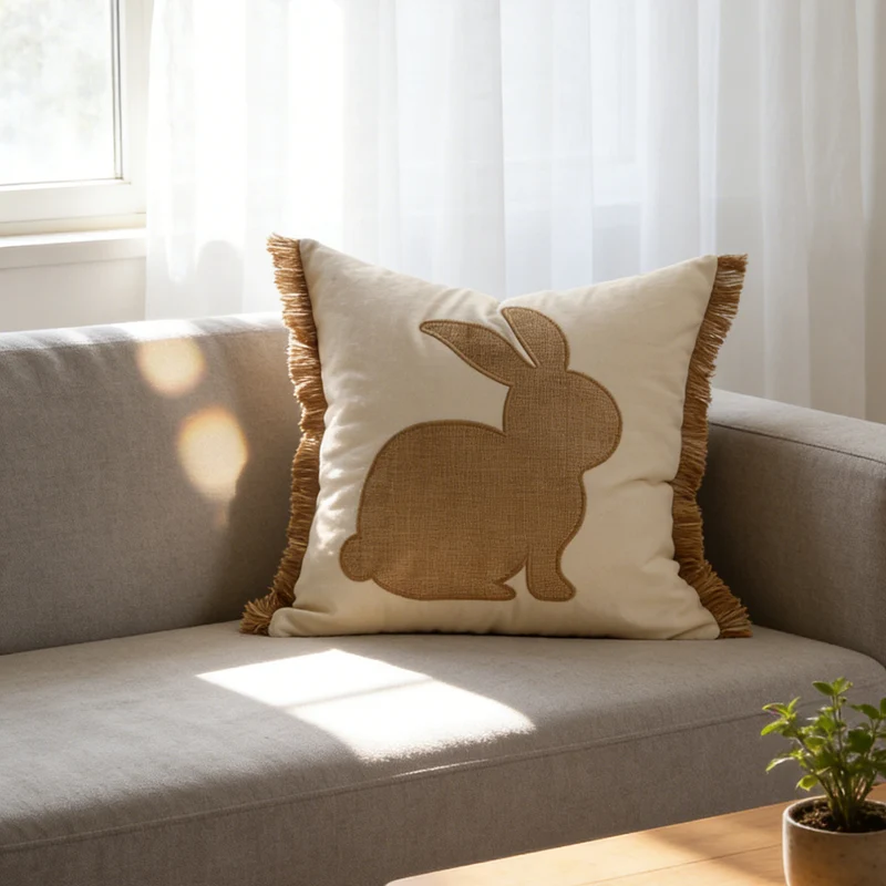 Tufted Bunny Appliqué Lumbar Throw Pillow Cover with Pom-Pom Tail