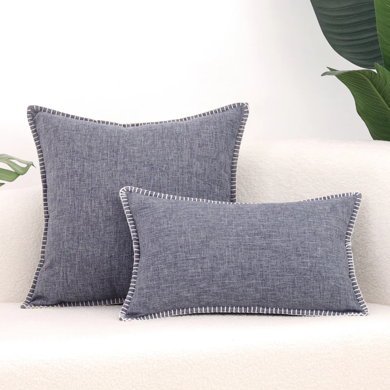 Textured Linen-Blend Square Throw Pillow Cover with Contrast Whipstitch Edge