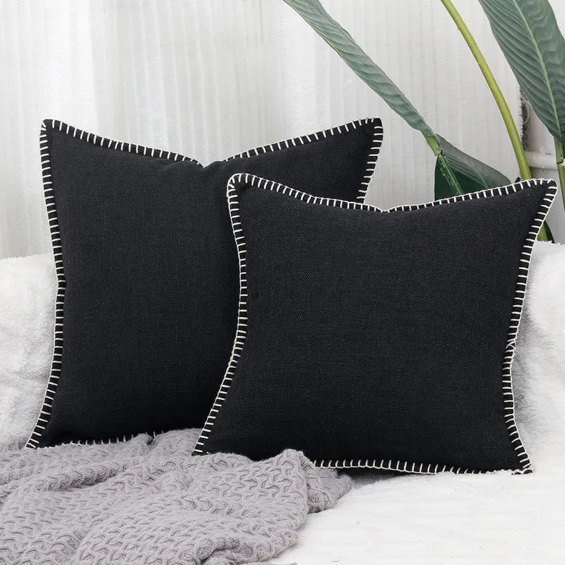 Textured Linen-Blend Square Throw Pillow Cover with Contrast Whipstitch Edge