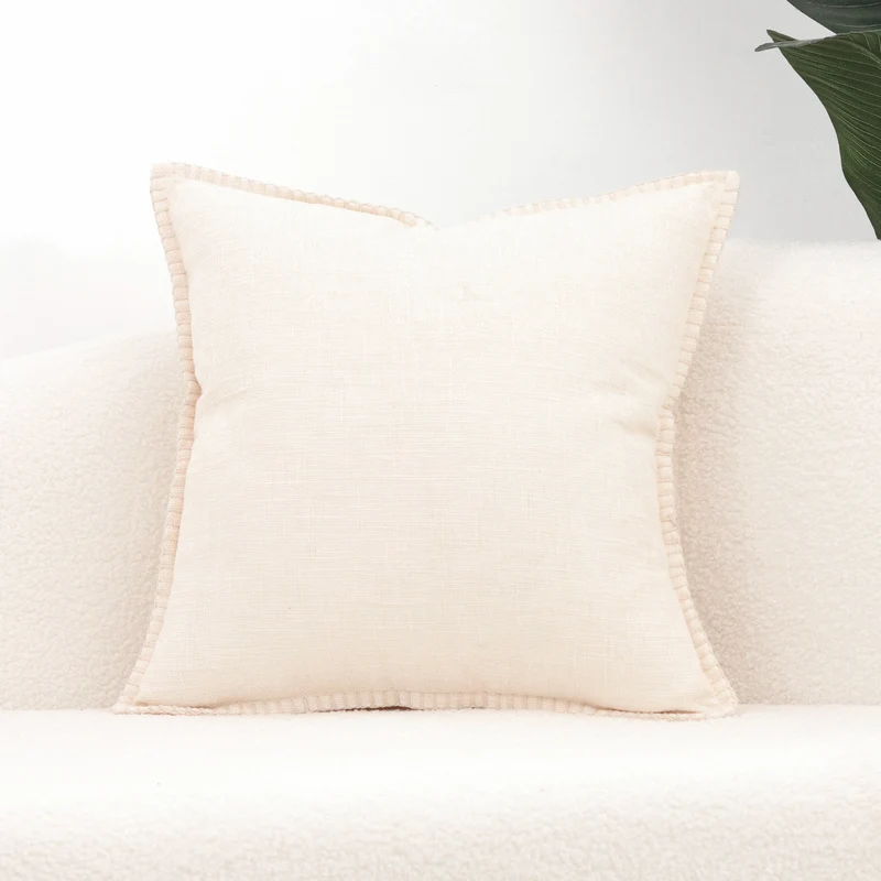 Textured Linen-Blend Square Throw Pillow Cover with Contrast Whipstitch Edge