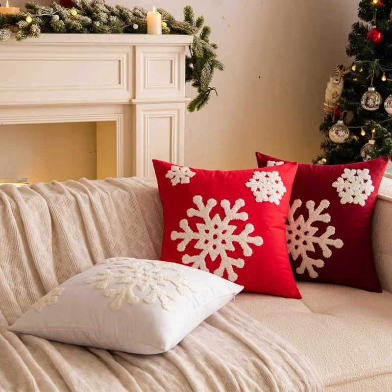 Textured Chenille Snowflake Appliqué Square Throw Pillow Cover