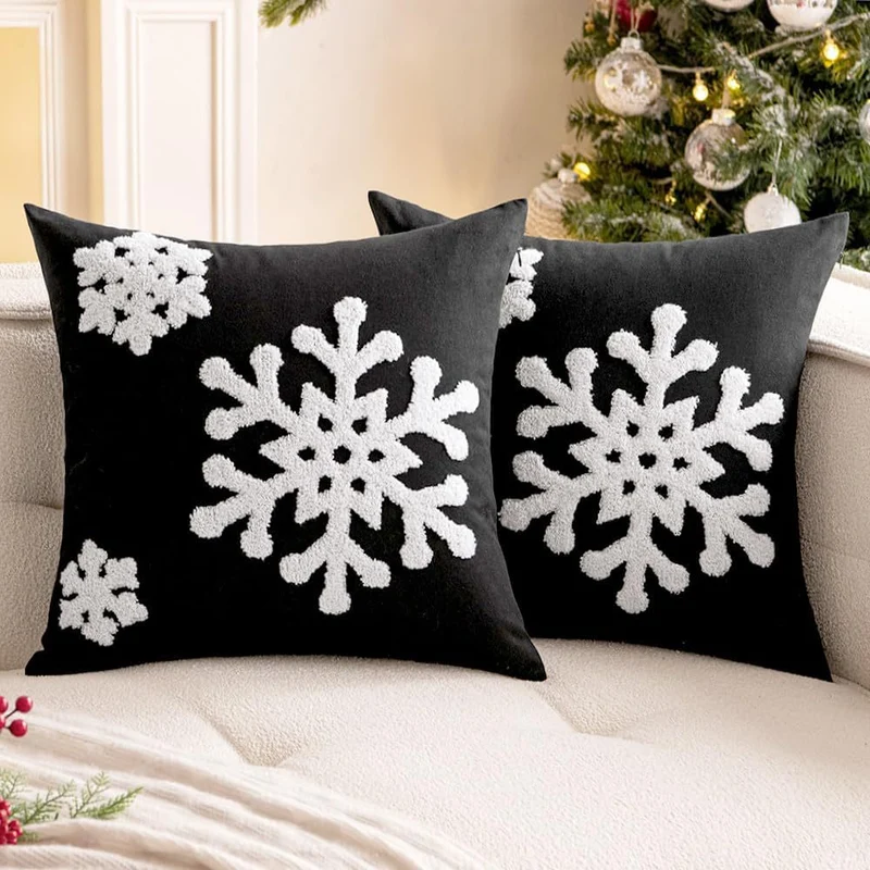 Textured Chenille Snowflake Appliqué Square Throw Pillow Cover