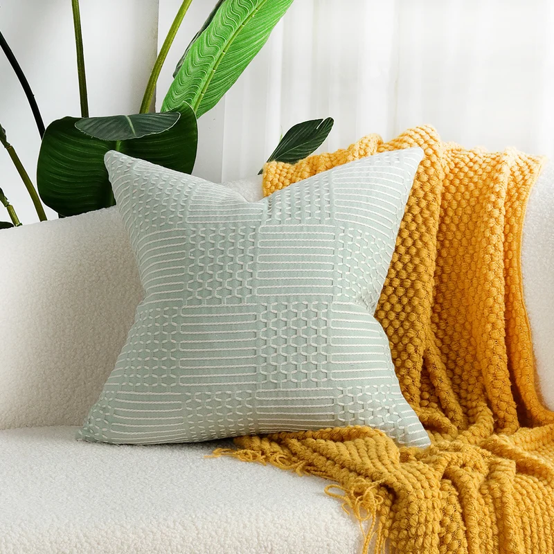 Stitched Geometric Cotton-Linen Square Throw Pillow Cover with Hidden Zipper