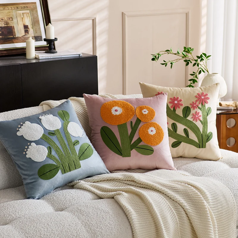 Square Velvet Tufted Floral Chenille Appliqué Accent Pillow Cover
