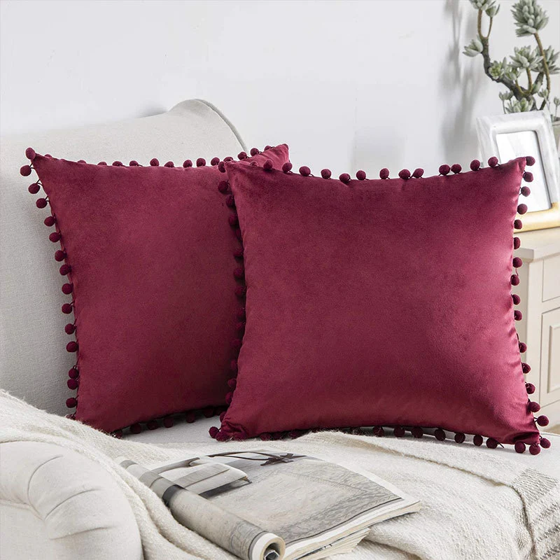 Square Velvet Pom-Pom Trim Throw Pillow Cover