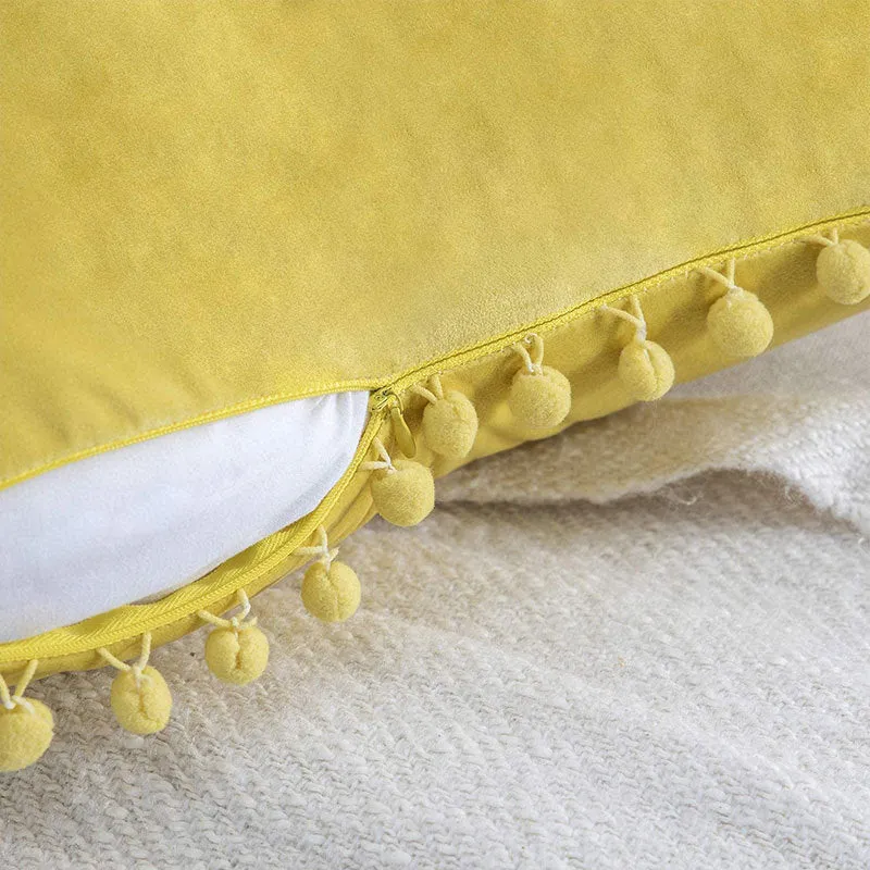 Square Velvet Pom-Pom Trim Throw Pillow Cover